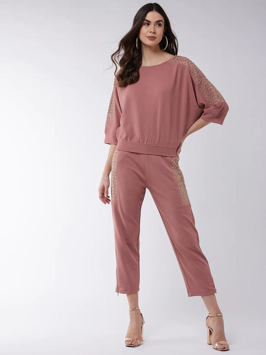 PANNKH Pink Solid Loose Top And Pant Set With Shimmer Details