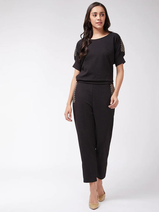PANNKH Black Solid Loose Top And Jogger Pants With Embellished Patch