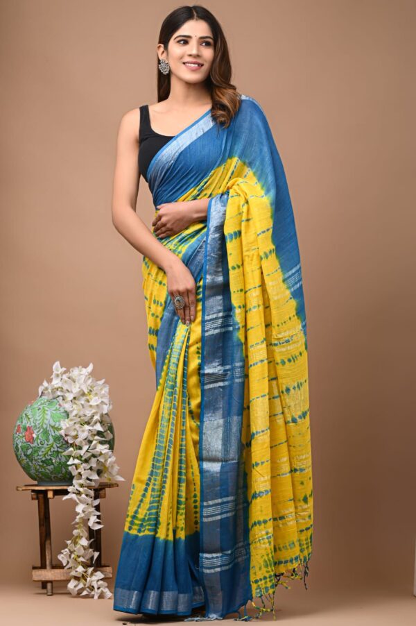 Yellow Blue Linen Saree