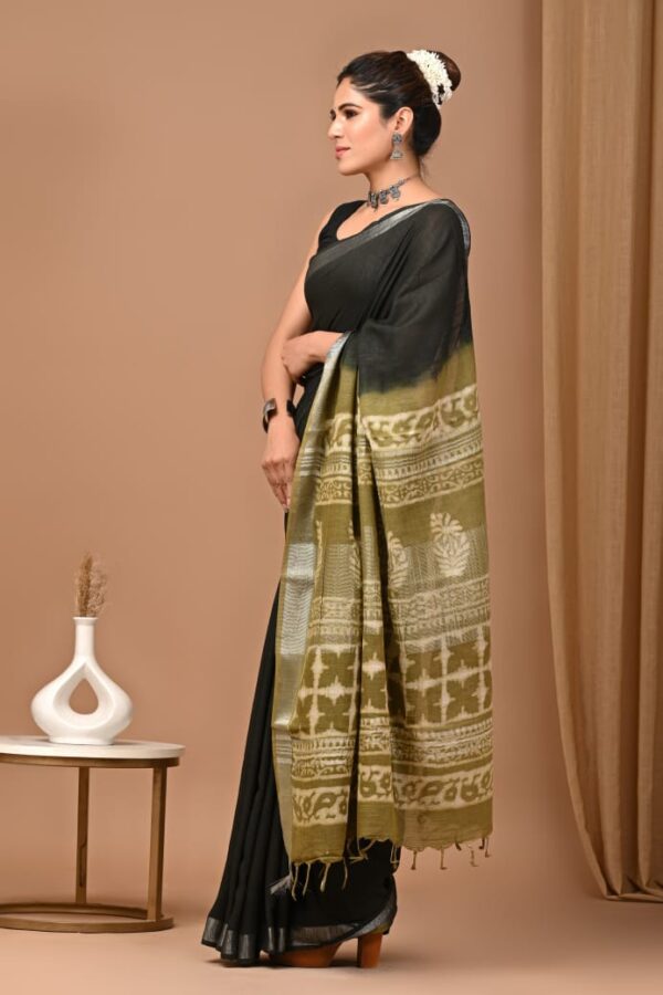 Forest Green Linen Saree