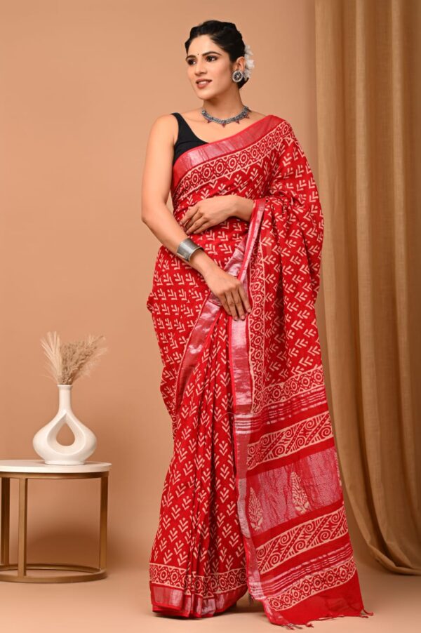 Coral Red Linen Saree