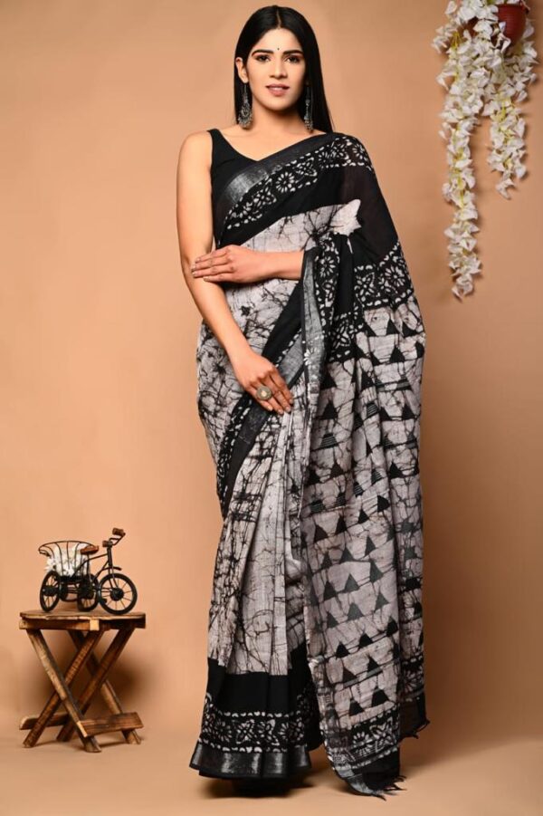 Black Print Linen Saree
